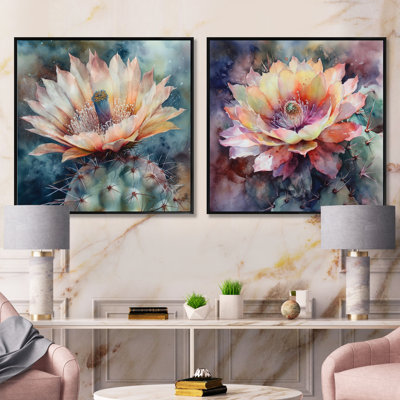 Cactus rose, vert, beauté, cactus floral, ensemble de 2 carrés