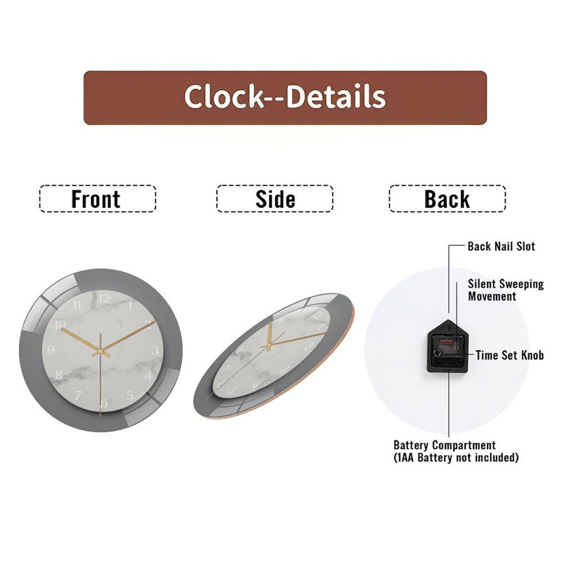 Horloge murale en marbre - cadran - chiffres - horloge murale moderne en verre de 12 po