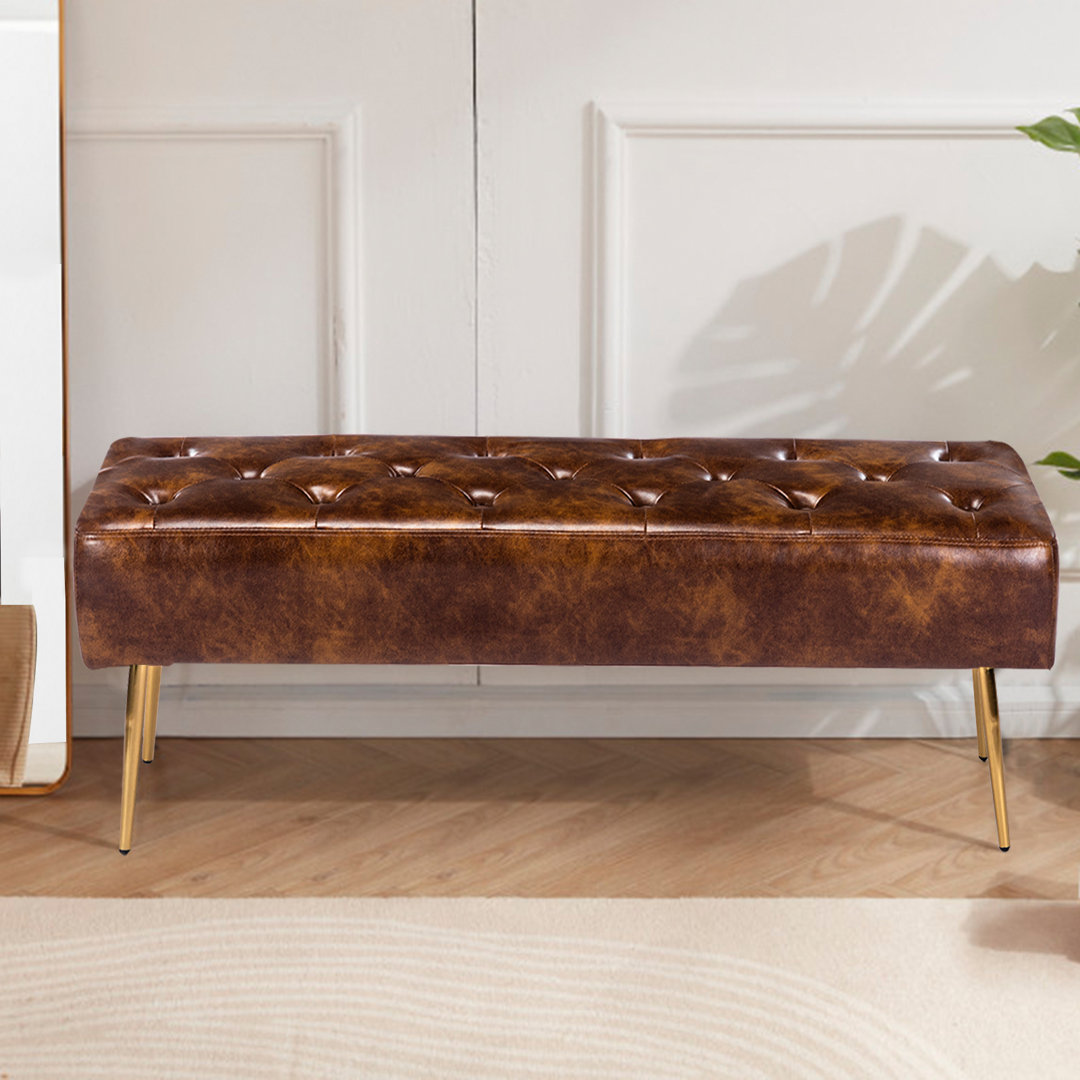 Lora Mid-Century Modern Tufted Leather Bench, 44" Wide with Metal Legs Steelside™ 
