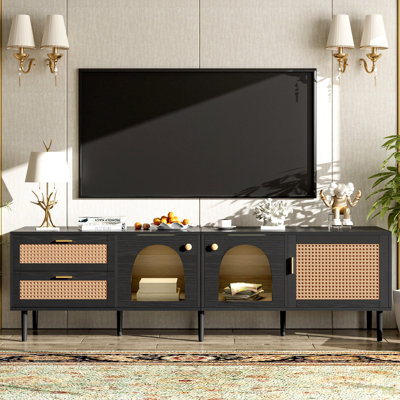 Rattan TV Stand With 3 Cabinets & 2 Drawers, Rattan-Inspired Media Console Table For Tvs Up To 80