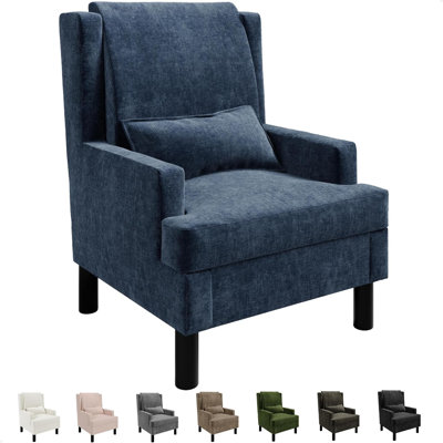 Wingback Accent Chair Mid-Century Modern Chenille Upholstered Armchair with Lumbar Pillow and Solid Wood Legs, Blue