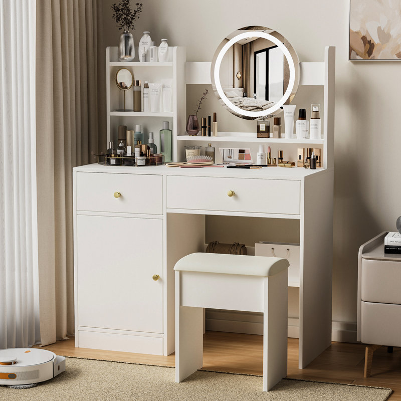 Ensemble coiffeuse blanche avec miroir, lumières et chaise rembourrée, ensemble de coiffeuse réglable à 3 couleurs | Idée de cadeau