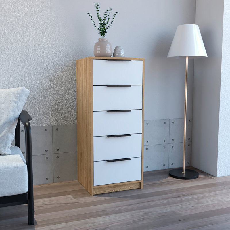 Commode verticale H 42 po, 5 tiroirs, commode verticale / chêne clair, Brun / Blanc
