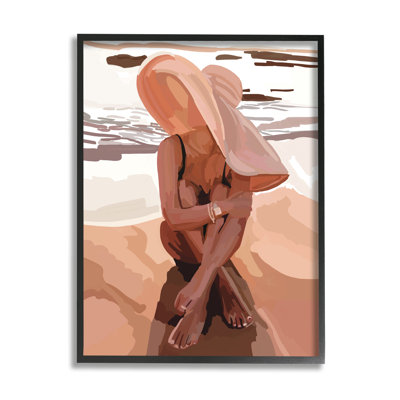 «Woman Sitting Enjoying Ocean Shore Summer Beach» par Amelia Noyes - cadre flottant, impression sur bois