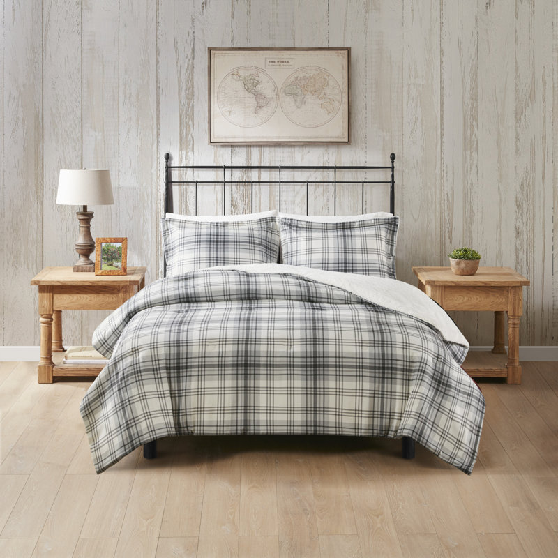 Full Gray Plaid Faux Fur Down Alternative Comforter Set