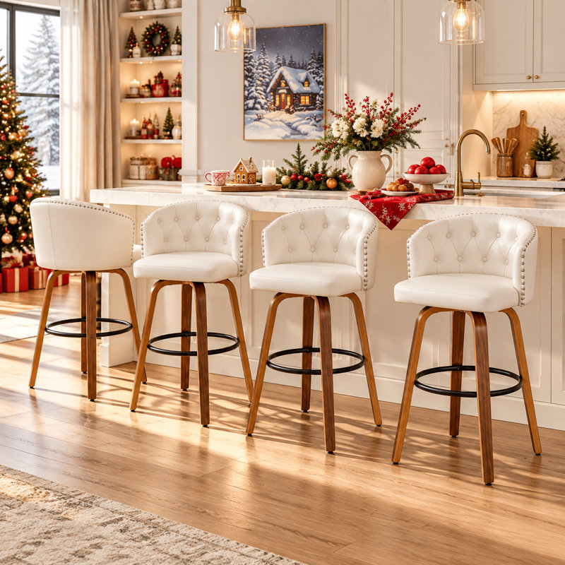 Counter Height Swivel Bar Stools With Water-Resistant Upholstered Seat Wide Backrest And Wooden Legs (Set of 4), White