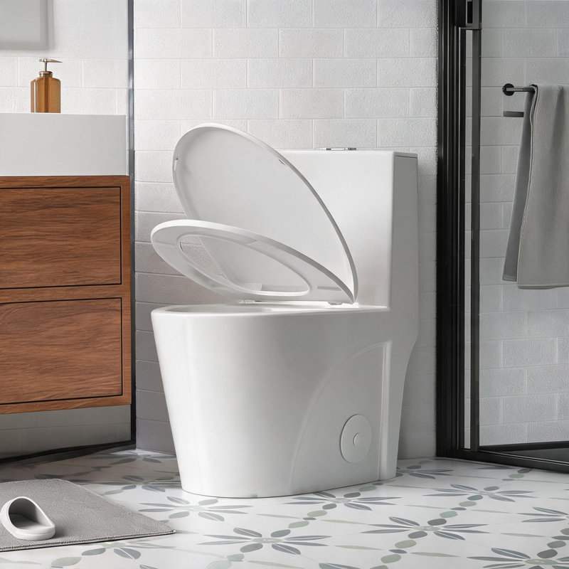 17 inch Glossy White Ceramic One-Piece Toilet with Dual Flush and Soft Close Seat