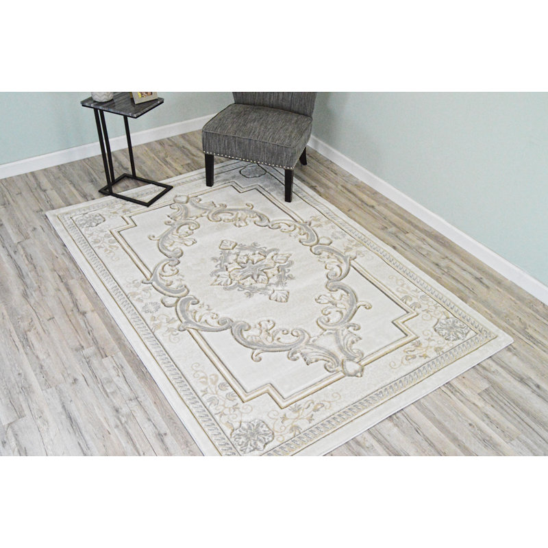 Tapis traditionnel ivoire / gris Ramsel, Rectangle 9 pi 2 po x 12 pi 5 po