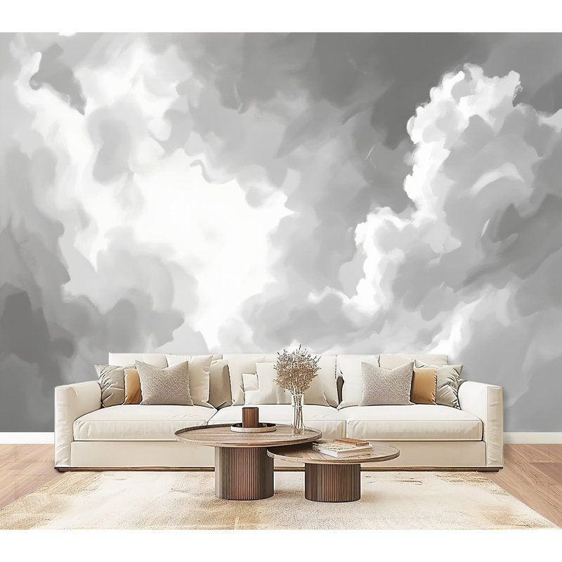 Papier peint adhésif décoratif à motif abstrait gris nuageux Boho, L 96 po x l 69 po