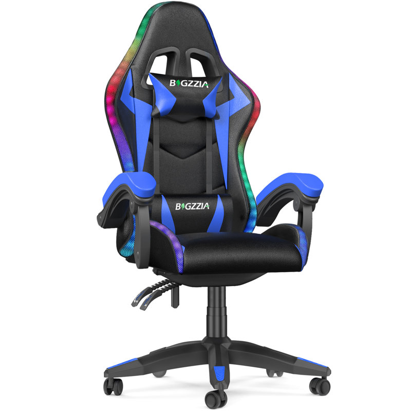Reclining Gaming Chair with LED Lights and Headrest, Black/Blue