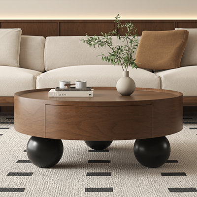 35.4" Round Mid-Century Coffee Table With Storage Drawer & Ball Feet, Walnut Wood Veneer For Living Room