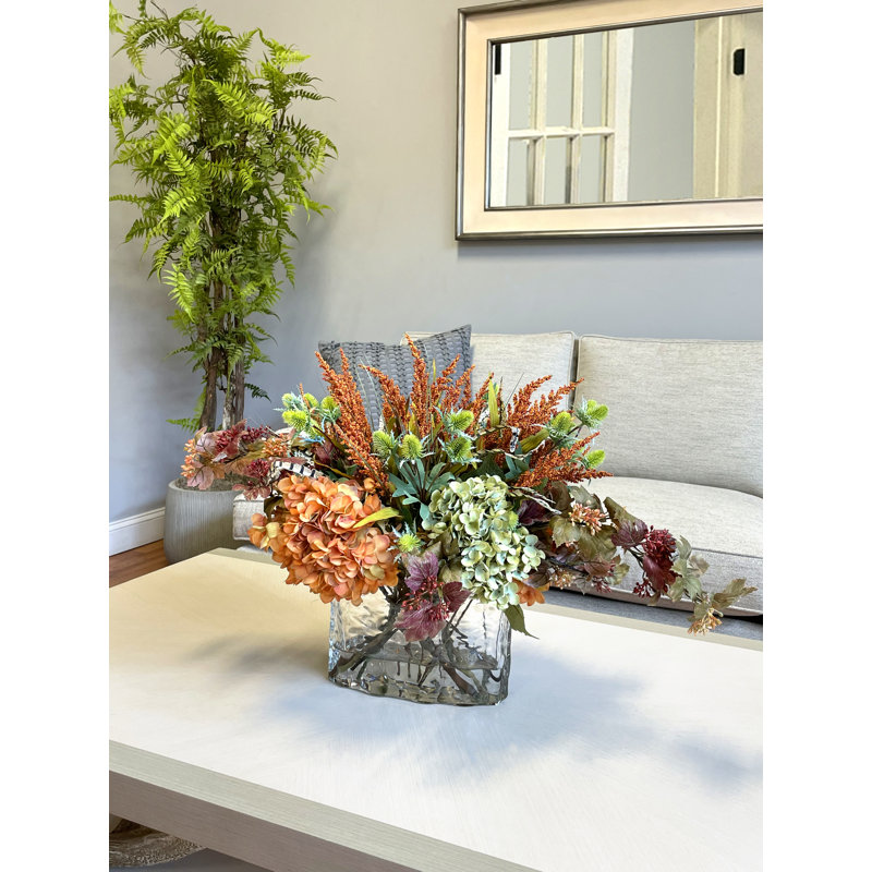 Heather, Hydrangea and Thistle Fall Arrangement in a Glass Ripple Vase