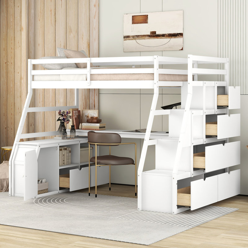 Lit mezzanine blanc simple avec bureau, 7 et 2 tablettes - 6 unités et plus, bureau avec tablettes. Stable et fonctionnel. Convient aux personnes de plus de 6 ans