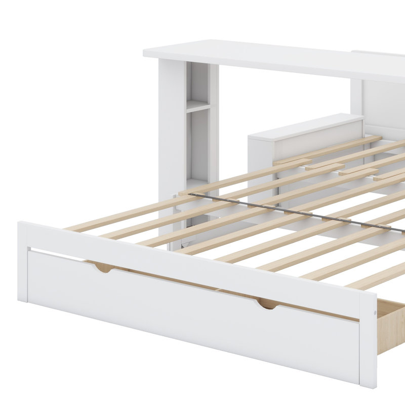 Lit de jour avec bureau amovible, tiroirs de rangement et table d'appoint hydraulique, Blanc, Grand