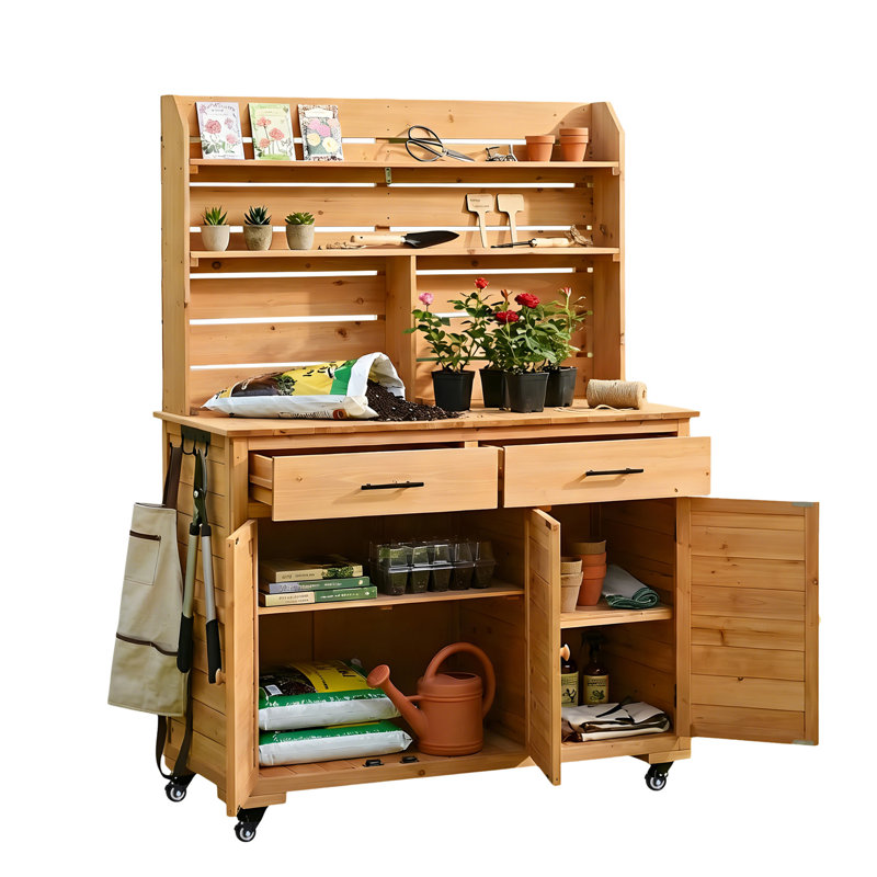 Assembly Video-TOPMAX 65''H Large Garden Potting Bench with Lockable Wheel and Storage Cabinet, Wood Outdoor Kitchen Island Prep Cart with Hutch Top, Drawers and Removal Shelves for Grilling, Natural
