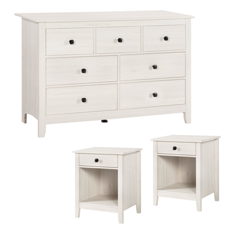Ensemble de commodes 3 tiroirs 7 pièces avec 2 tables de chevet brun, Blanc