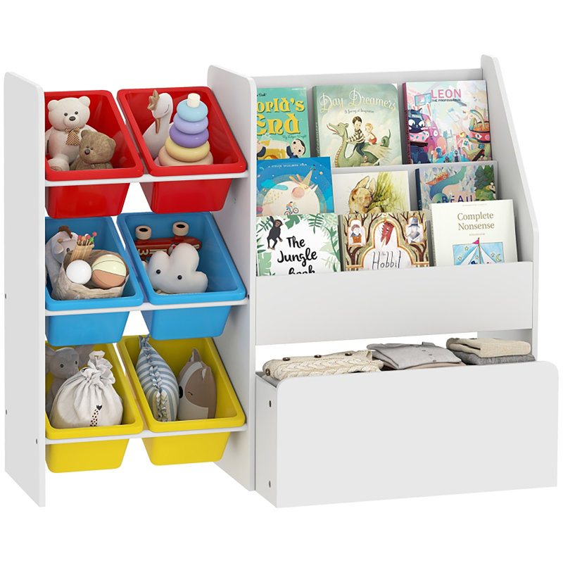 White MDF Children’s Combined Storage Furniture With Six Multicoloured Removable Plastic Bins Open Front Book Display Shelf Bottom Closed Clothing Compartment Kid Sized Organiser For Nursery Playroom Bedroom