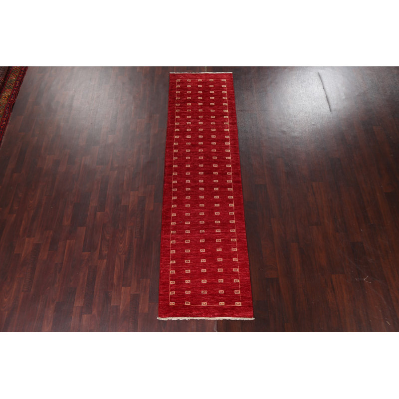 Tapis rouge / gris / beige en laine noué à la main Redus, Tapis de couloir 2 pi 9 po x 10 pi 1 po