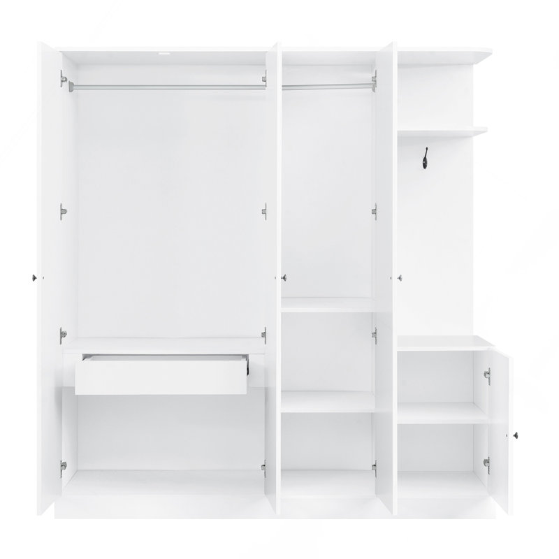 Armoire 4 portes avec tablettes, tiroirs et miroir pleine grandeur, Blanc