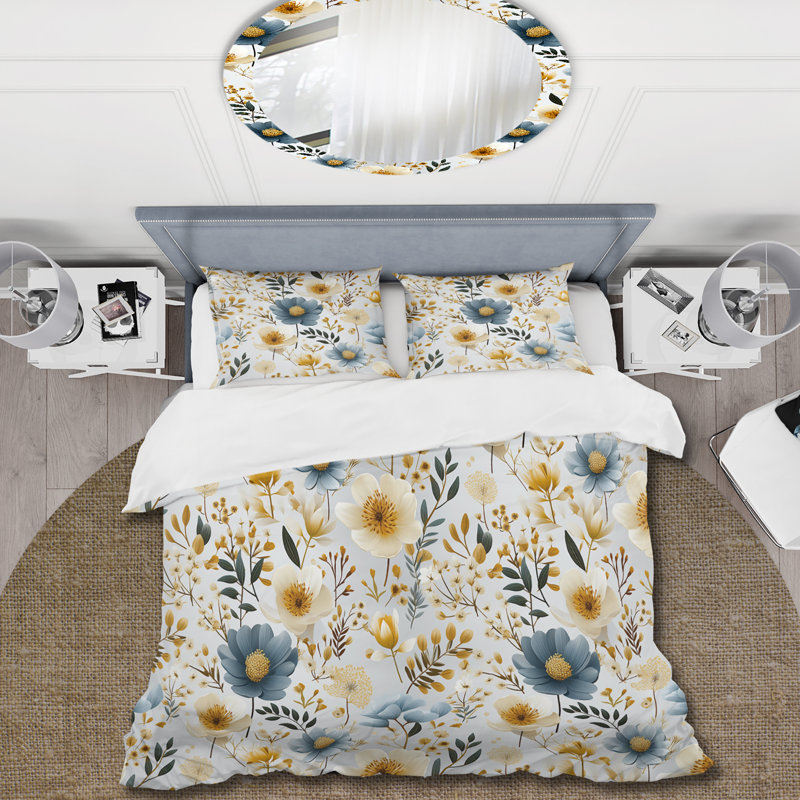 Ensemble de housse de couette à motif floral scandinave bleu et blanc, Housse de couette pour très grand lit et 2 très