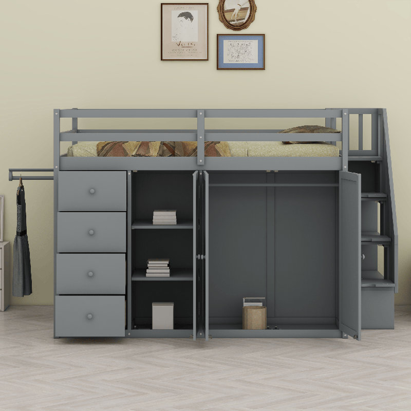 Lit mezzanine en bois avec armoires encastrées, Gris