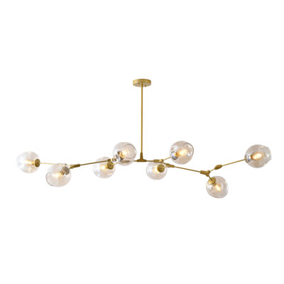 Lustre transitionnel en métal doré 8 lumières avec abat-jour en verre ambré
