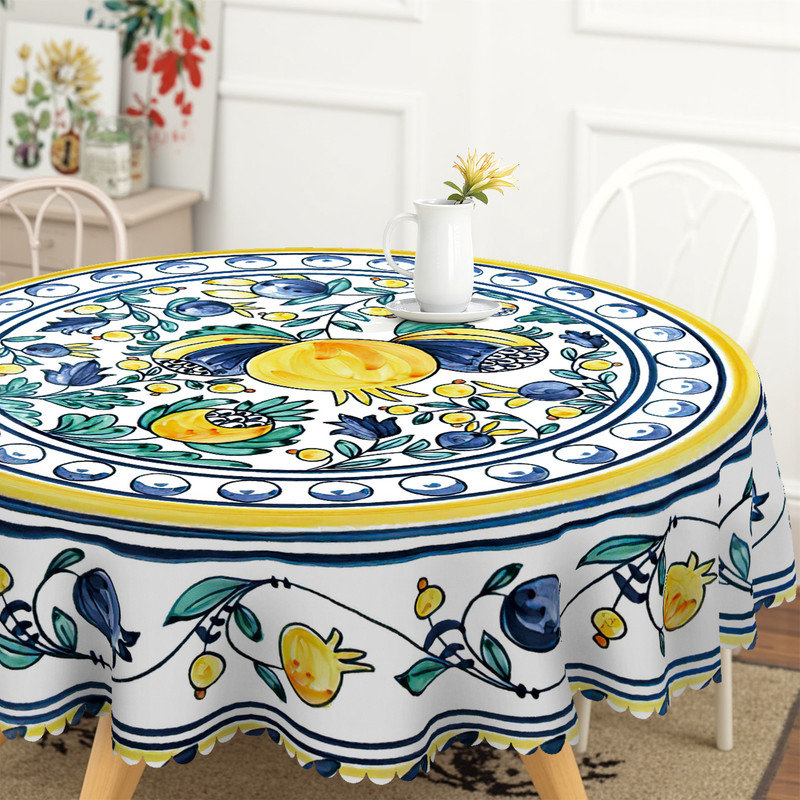 Nappe en polyester bleu clair avec motif floral jaune lavable à la machine