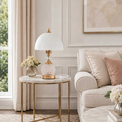 Vintage Glam Crystal Glass Table Lamp, Gold Base Bedside Lamp with White Scalloped Glass Shade, 3-Color LED Base and E26 Warm Bulb