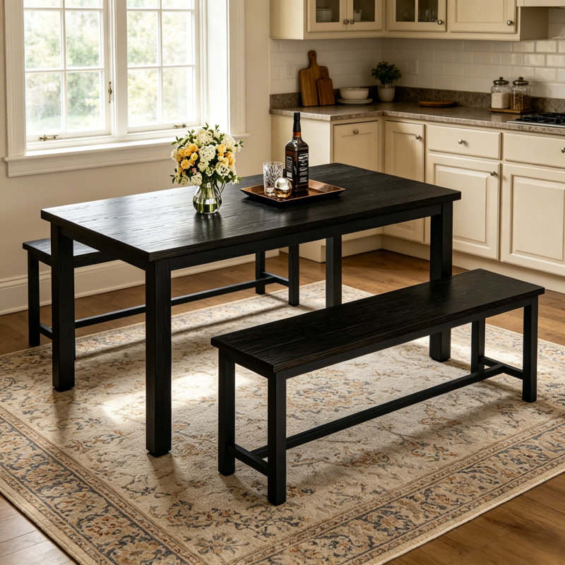 Ensemble de table de salle à manger 3 pièces de style campagnard avec 2 bancs assortis, table de salle à manger rectangulaire en bois avec structure en métal et petit coin-repas
