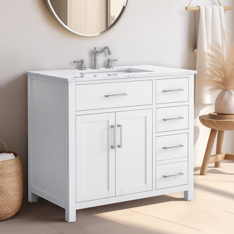 Tremolo 36" Single Bathroom Vanity With Engineered Marble Top, White / Polished Nickel