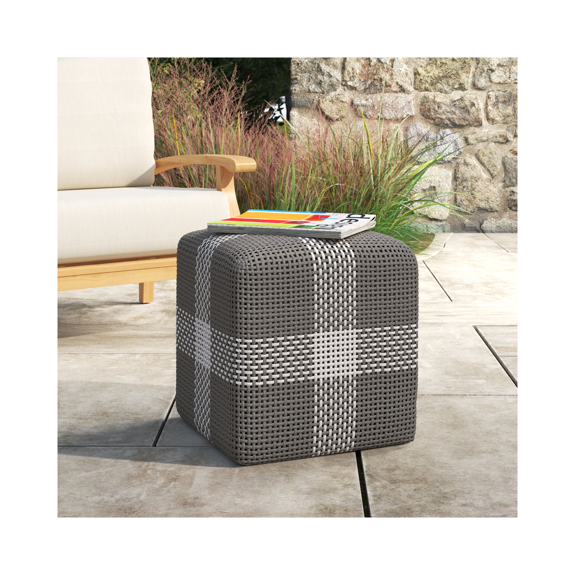 Outdoor Ottoman, Gray/White