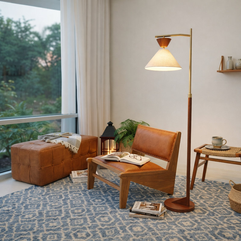Lampe sur pied en porte-à-faux en noyer de style Mid-Century moderne, lampe sur pied à bras pivotant réglable en laiton avec abat-jour conique en lin, lampe de lecture de travail pour le salon et la chambre à coucher