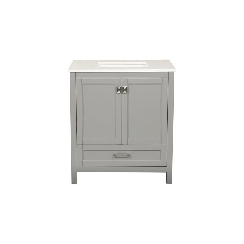 Meuble-lavabo autoportant de 30 pouces avec lavabo, comptoir en marbre d'ingénierie Carrara avec lavabo rectangulaire encastré en céramique, grande porte de rangement à fermeture en douceur
