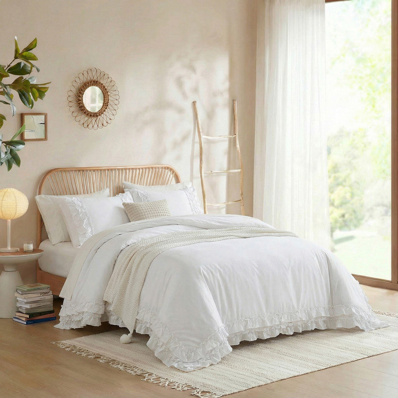 Ensemble de housse de couette 100% coton à volants pour grand lit, ensemble de literie de style campagnard blanc, Blanc