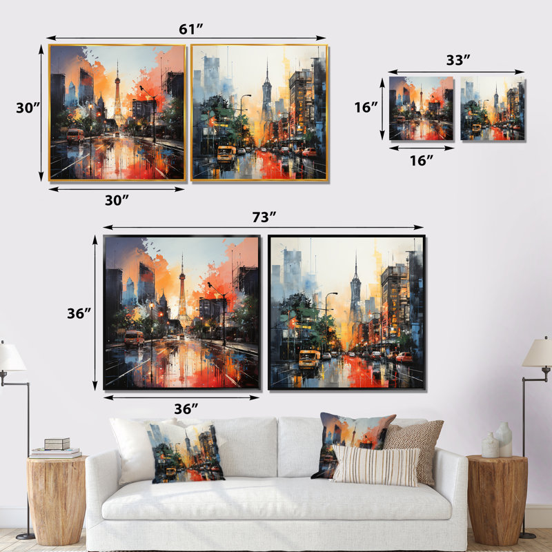 «Houston City Sunset Dream I», ensemble de 2 reproductions d'art mural de Houston, Toile tendue, H 16 po x l 33 po x P 1 po