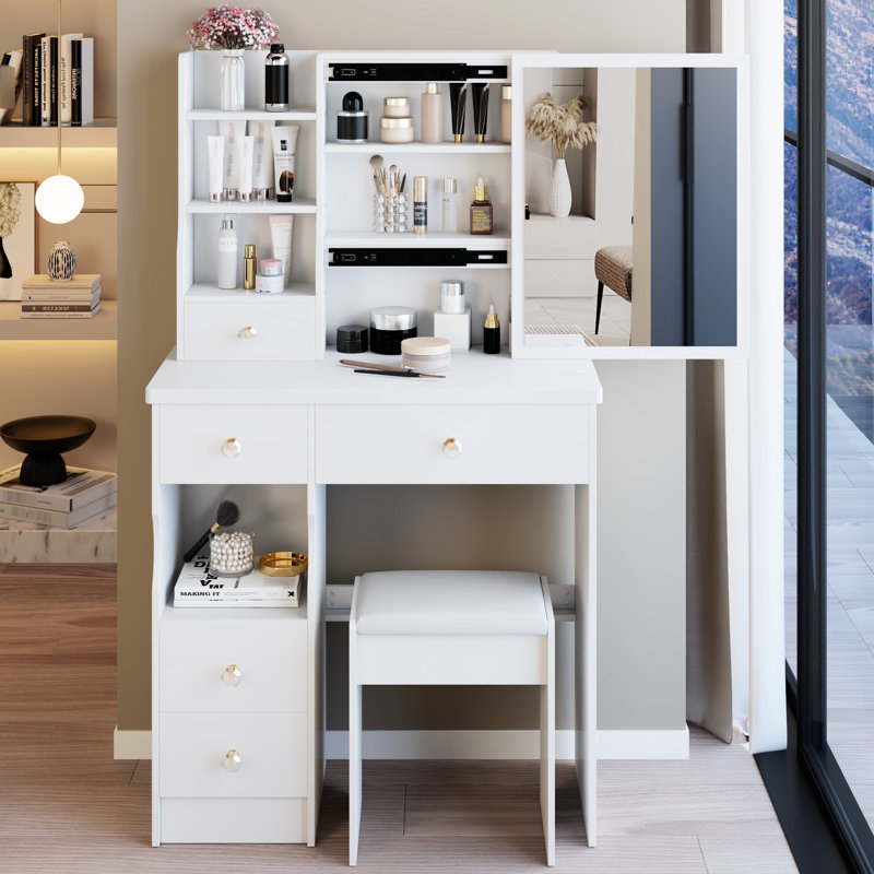 Petit meuble-lavabo blanc avec tiroir de gauche, miroir coulissant à droite, rangement multicouche, tabouret rembourré, design américain et longueur de 29,2 po et hauteur de 50,4 po pour les espaces