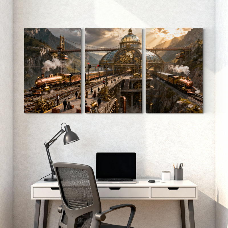 Fantaisie et science-fiction train à vapeur, paysage de montagne, pont, horloge, tour, ensemble de 3 impressions sur toile
