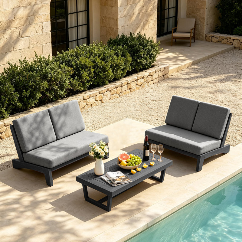Polett Complete All-Weather Solid Teak Wood 4-Person Outdoor Patio Conversation Set with Water-Resistant Cushions and Coffee Table