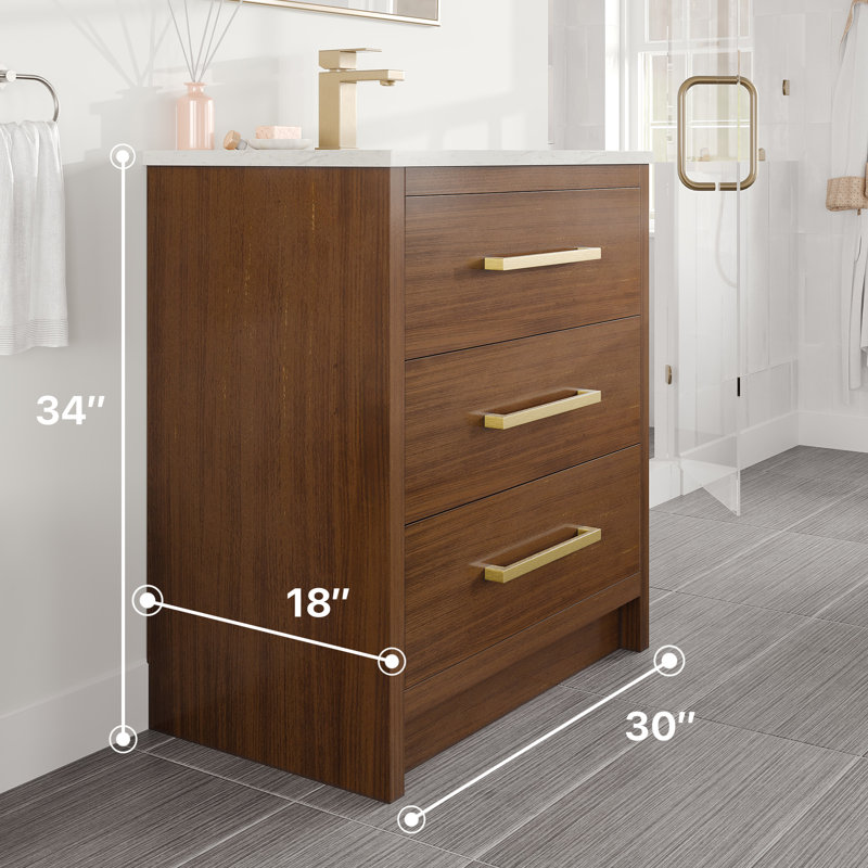 Ilsa 30"W X 18"D Bathroom Vanity With White Carrara Quartz Countertop And Undermount Porcelain Sink, Walnut