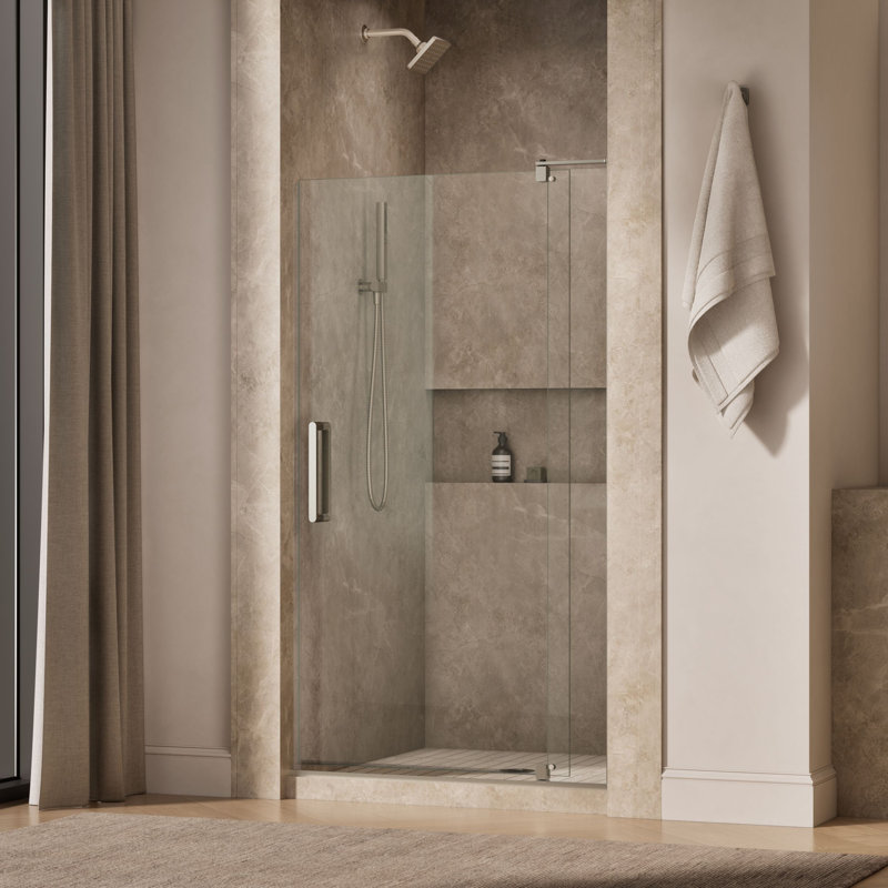 Revel 35.8'' x 70'' Pivot Shower Door with CleanCoat Technology, Anodized Brushed Nickel, Crystal Clear
