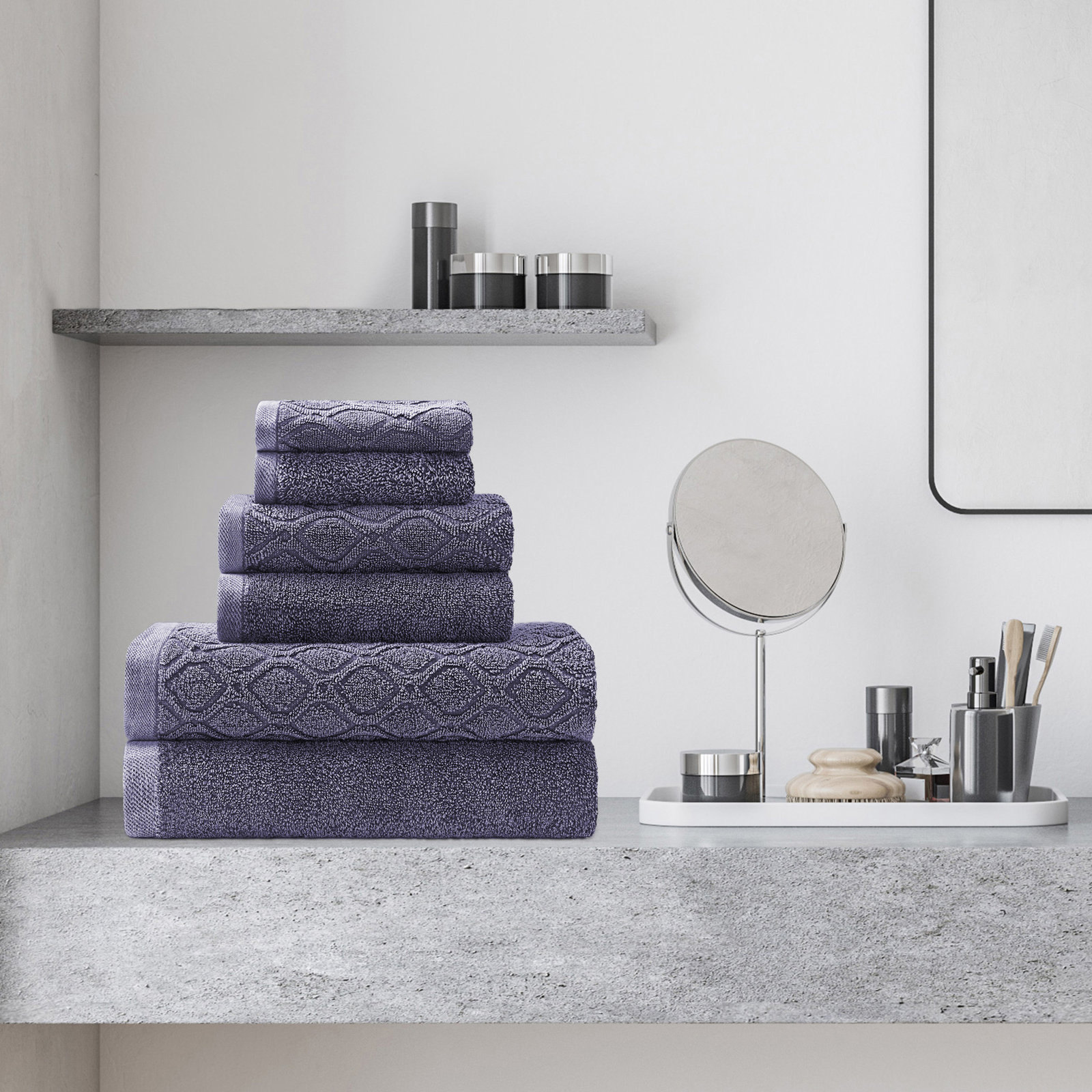 Guiness 6-Piece Jacquard Cotton Bath Towel Set, Navy Blue