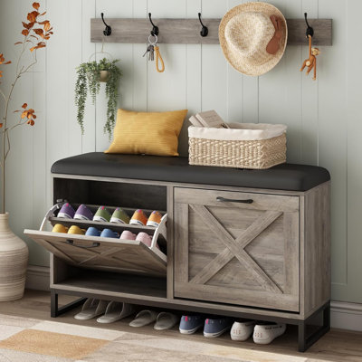 Banc de rangement pour chaussures avec tiroirs rabattables, portemanteau et coussin de siège - organisateur de vestibule avec 5 crochets en métal et système de verrouillage mural