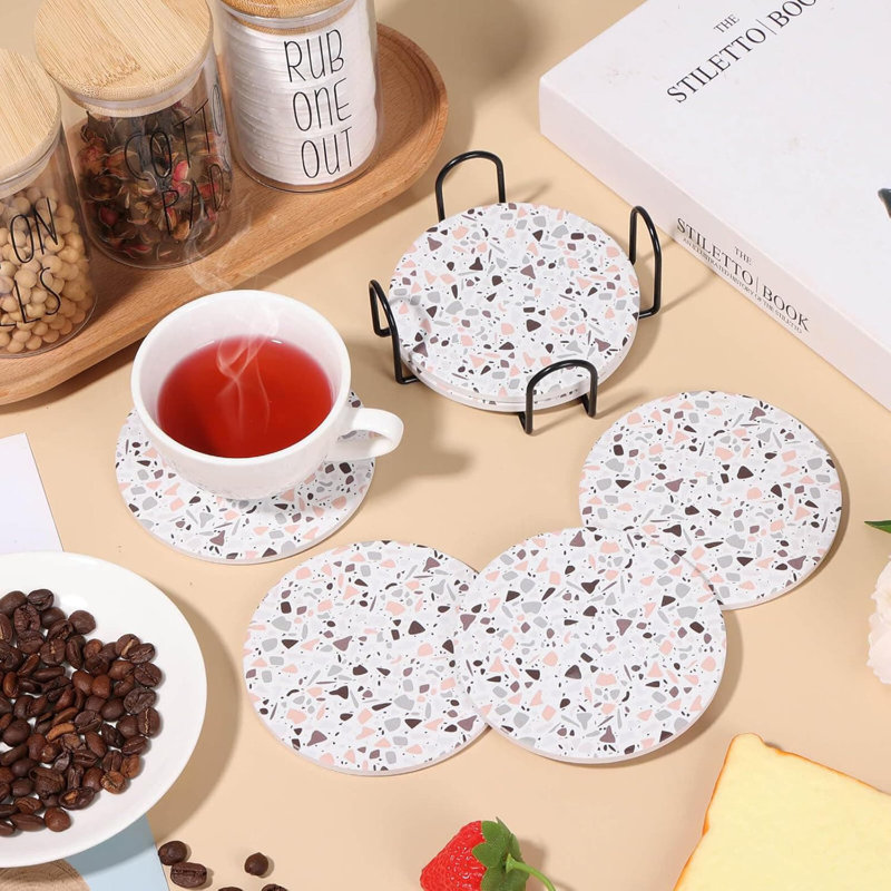 4" 6-Pack Round Terrazzo Pattern Ceramic Coasters with Holder