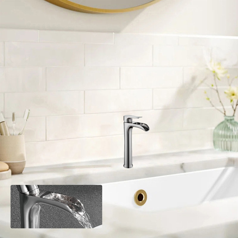 Tall Single Handle Waterfall Vessel Sink Faucet With Pop-Up Drain, Brushed Nickel