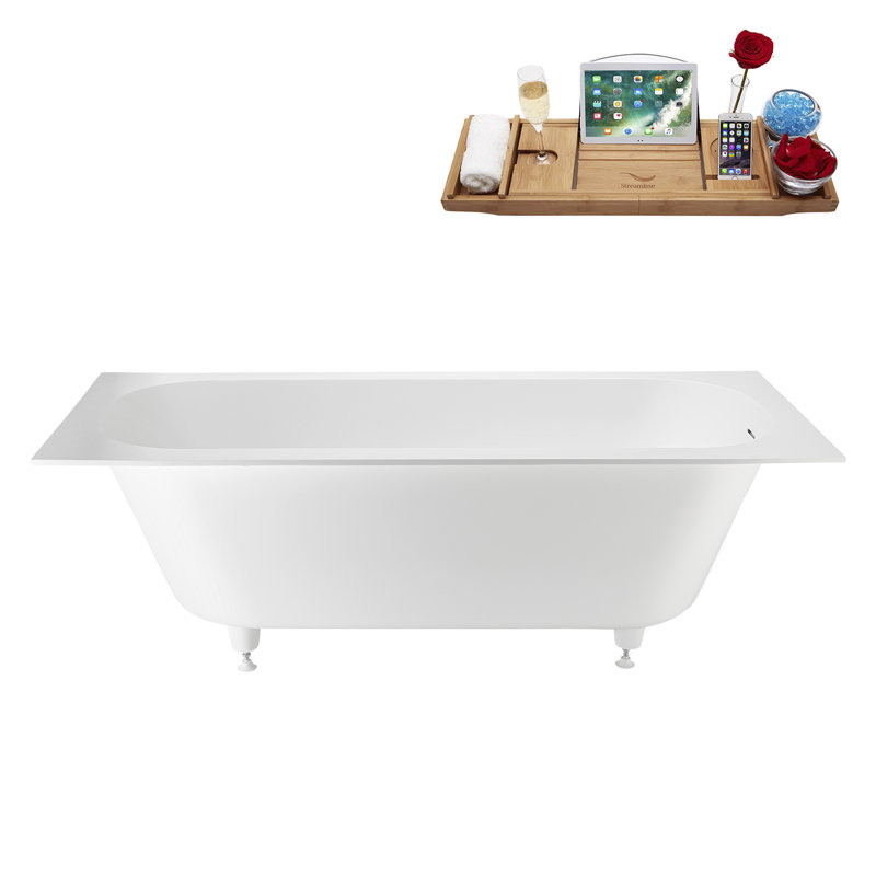 Baignoire encastrée Streamline NS7420CH 71 po en résine de pierre blanche mate avec receveur et bonde intégrée en chrome poli