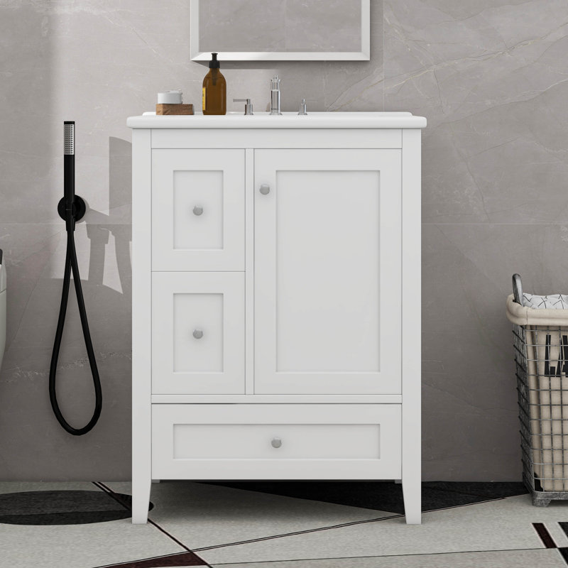 Meuble-lavabo de 24 po avec rangement, tablette réglable et cloisons amovibles, Blanc