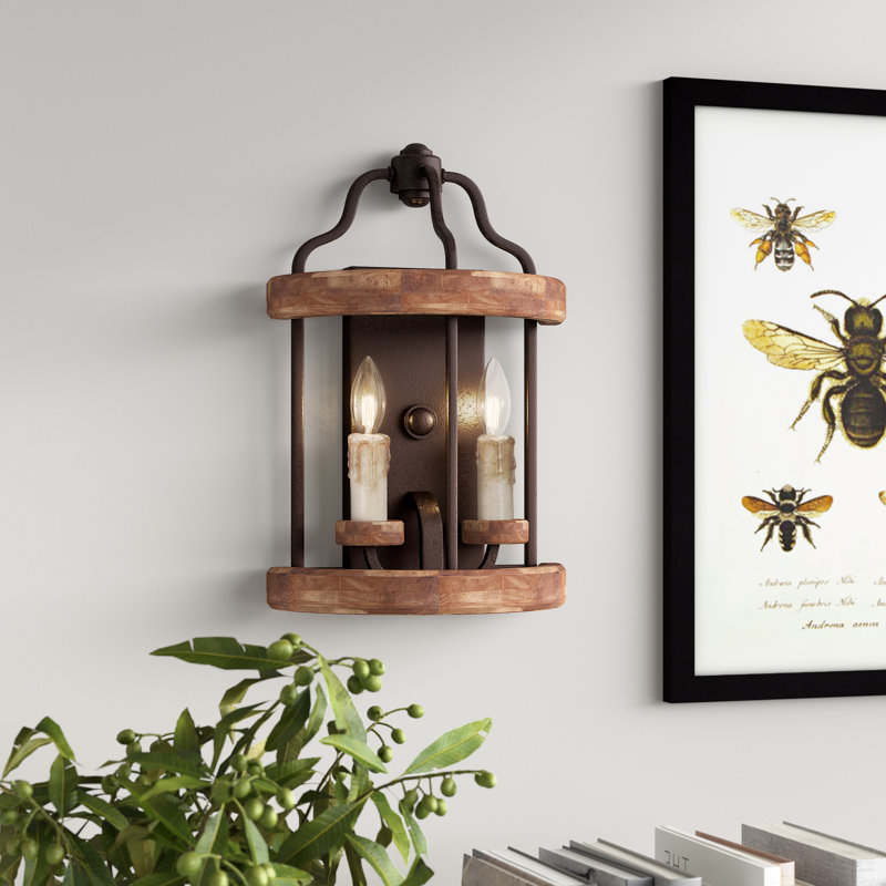 Lampe murale bougie 2 lumières Arkaitz, Noir texturé / tonneau à whisky