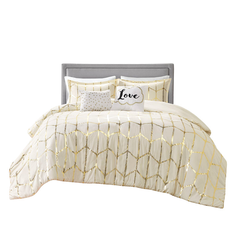 Gold Metallic Printed Twin/Twin Xl Duvet Cover - Soft Microfiber, Button Closure, 2 Shams, Decorative Pillows With Geometric Motifs And Textures Silver 1 Square Pillow