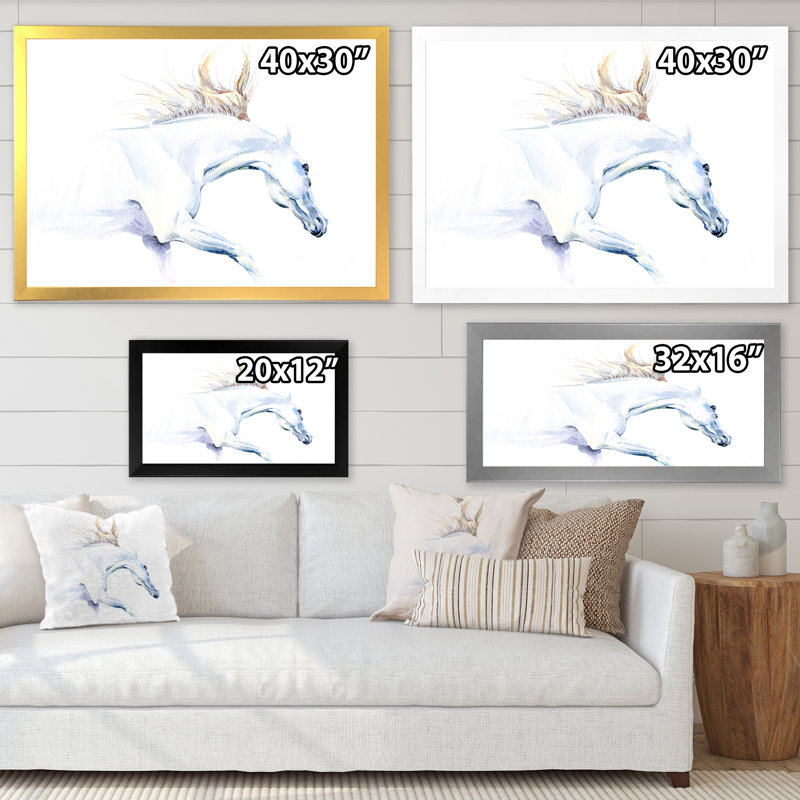 Cheval blanc - peinture sur toile, H 34 po x l 44 po, Cadre photo argenté