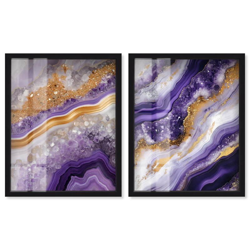 Ensemble de 2 décorations murales en agate glamour à motif géométrique de luxe par Art Remedy, cadre noir, 17 x 21